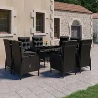 Set da Pranzo da Giardino 9 pz in Polyrattan e Vetro Nero cod mxl 39649