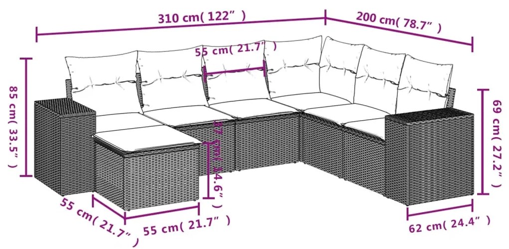 Set divani da giardino con cuscini 7pz nero polyrattan