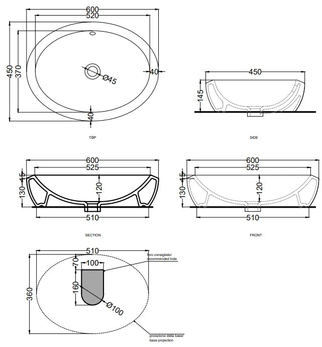 Cielo Fluid Lavabo 60x45 Da Appoggio Senza Foro Con Troppo Pieno Nero Lucido