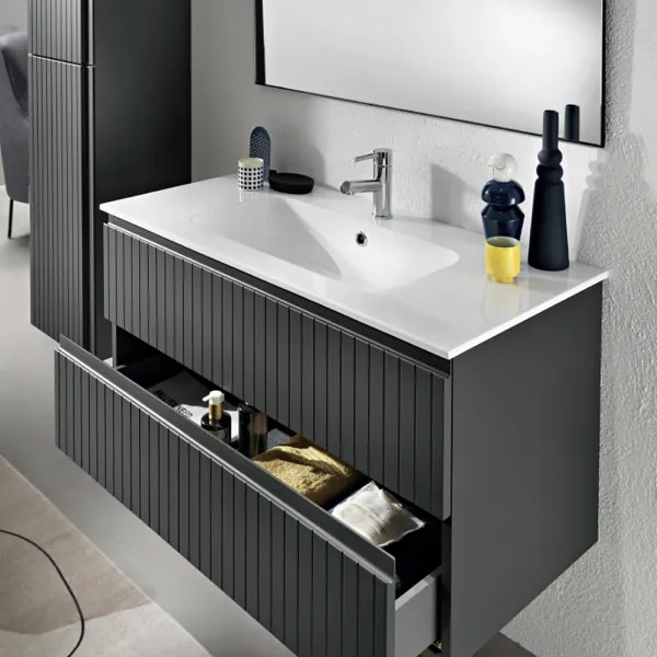 Mobile da bagno sospeso moderno con base 100 ARTICO con 2 cassetti e lavabo ANTRACITE OPACO