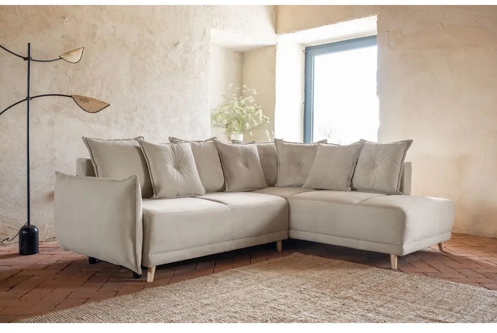 Divano letto angolare in velluto a coste beige (angolo destro) Lazy Lukka - Miuform