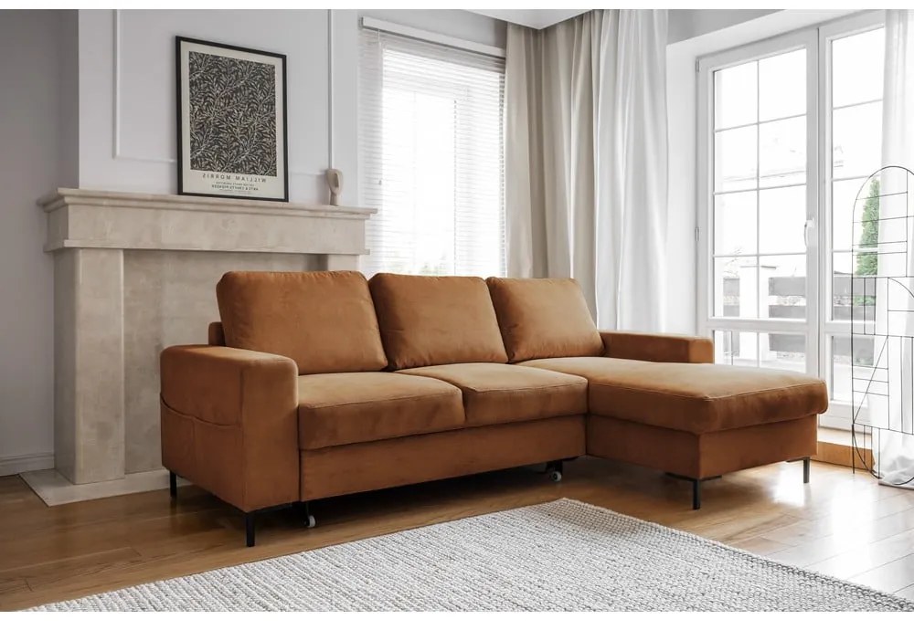 Divano letto in velluto a coste arancio-marrone (angolo destro) Lofty Lilly - Miuform