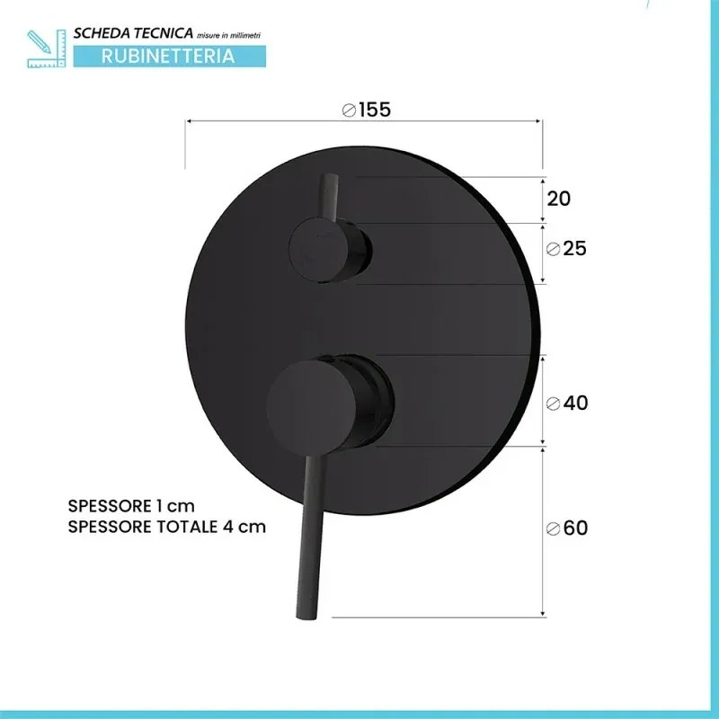 Set doccia York nero opaco con miscelatore, braccio 30 cm, soffione 25cm e kit con doccino, flessibile e presa acqua