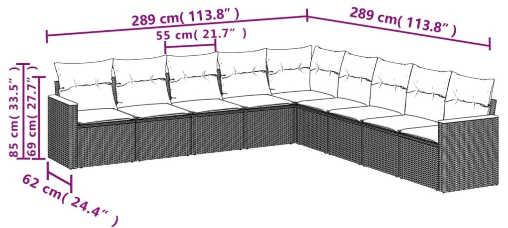 Set Divano da Giardino 9 pz con Cuscini Grigio in Polyrattan