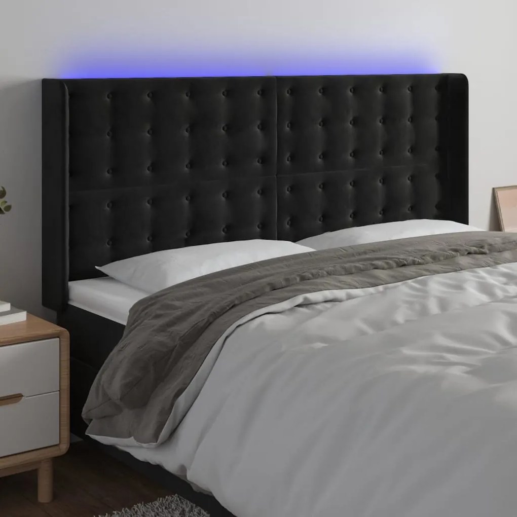 Testiera A Led Nera 183x16x118/128 Cm İn Velluto /