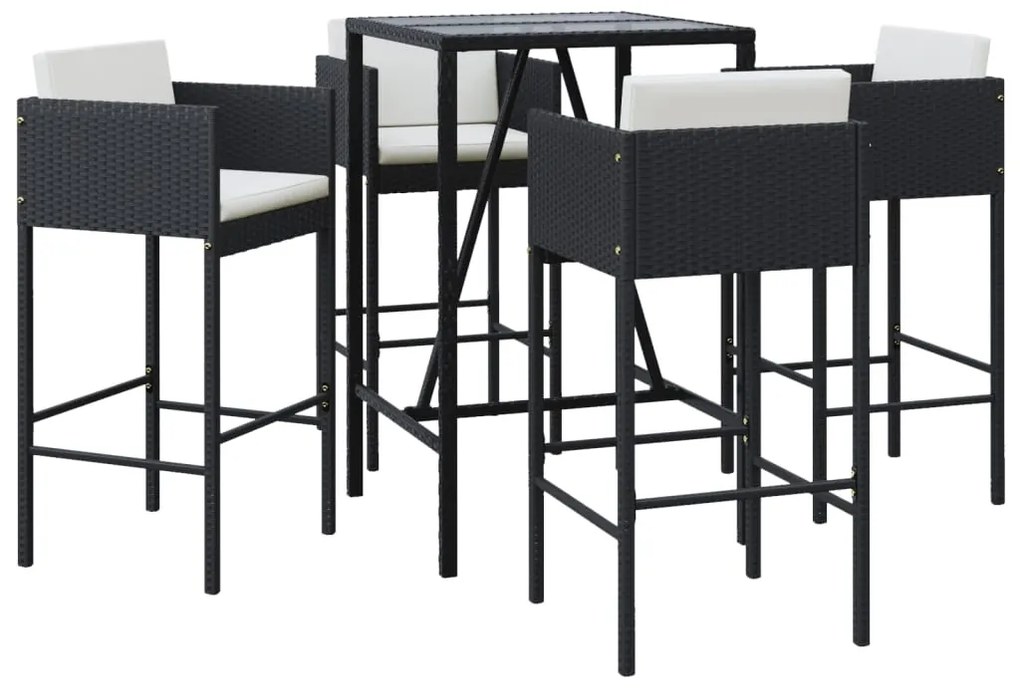 Set bar da giardino 5 pz con cuscini in polyrattan nero