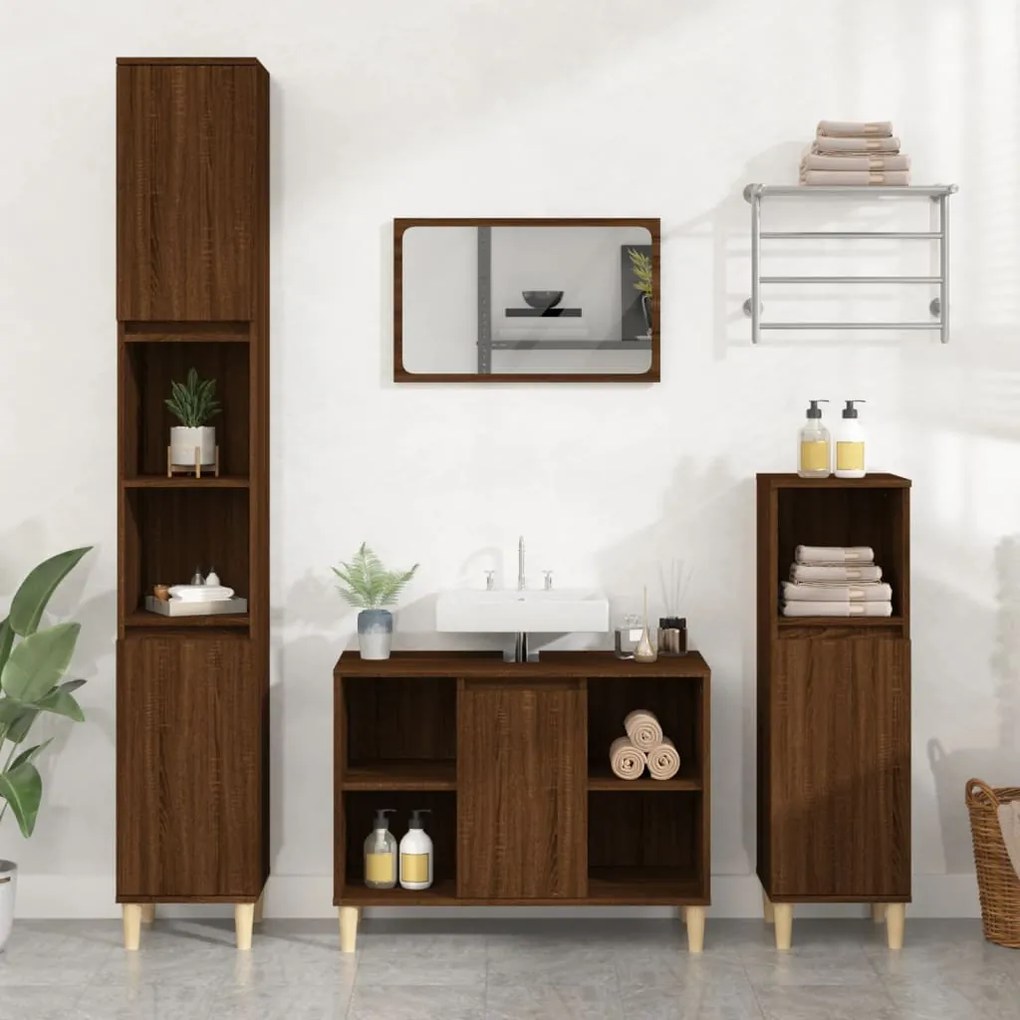 Set Mobili Da Bagno 3 Pz Rovere Marrone İn Legno Multistrato /