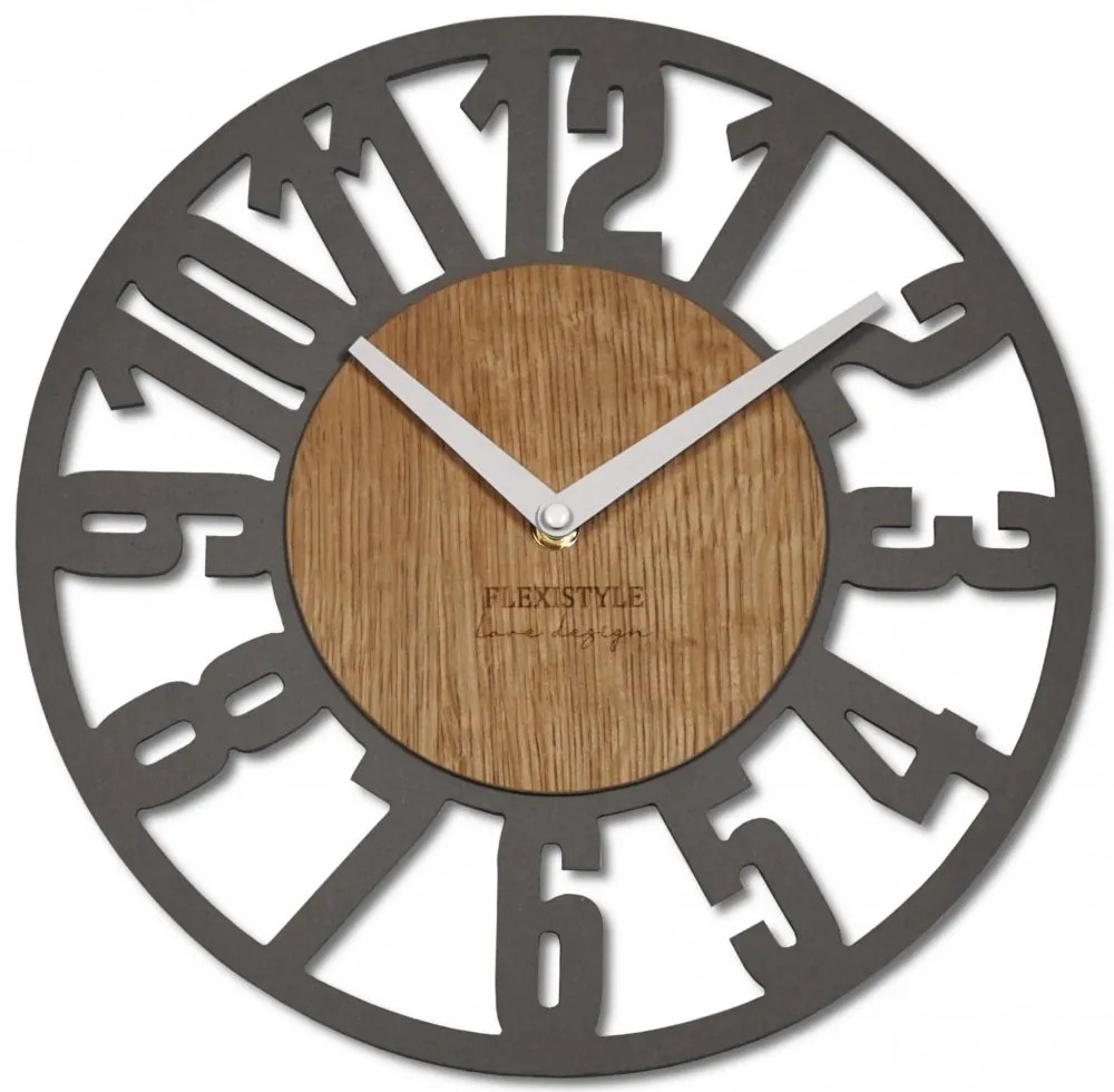 Orologio unico con numeri grandi in una combinazione di legno con un moderno colore grigio di 30 cm