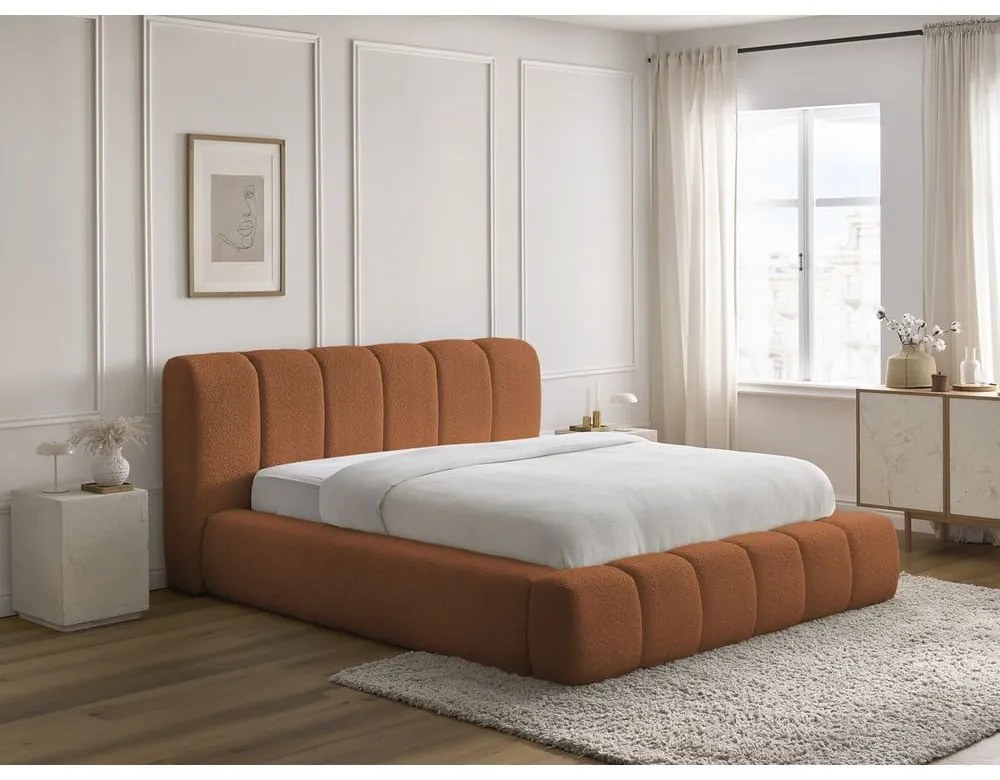 Letto matrimoniale imbottito arancione contenitore e rete inclusi 180x200 cm Denali - Bobochic Paris