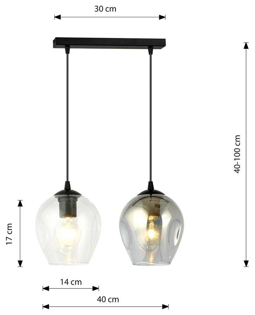 Lampadario 2 Luci Fuxi In Acciaio Nero E Vetri Fumè E Trasparente
