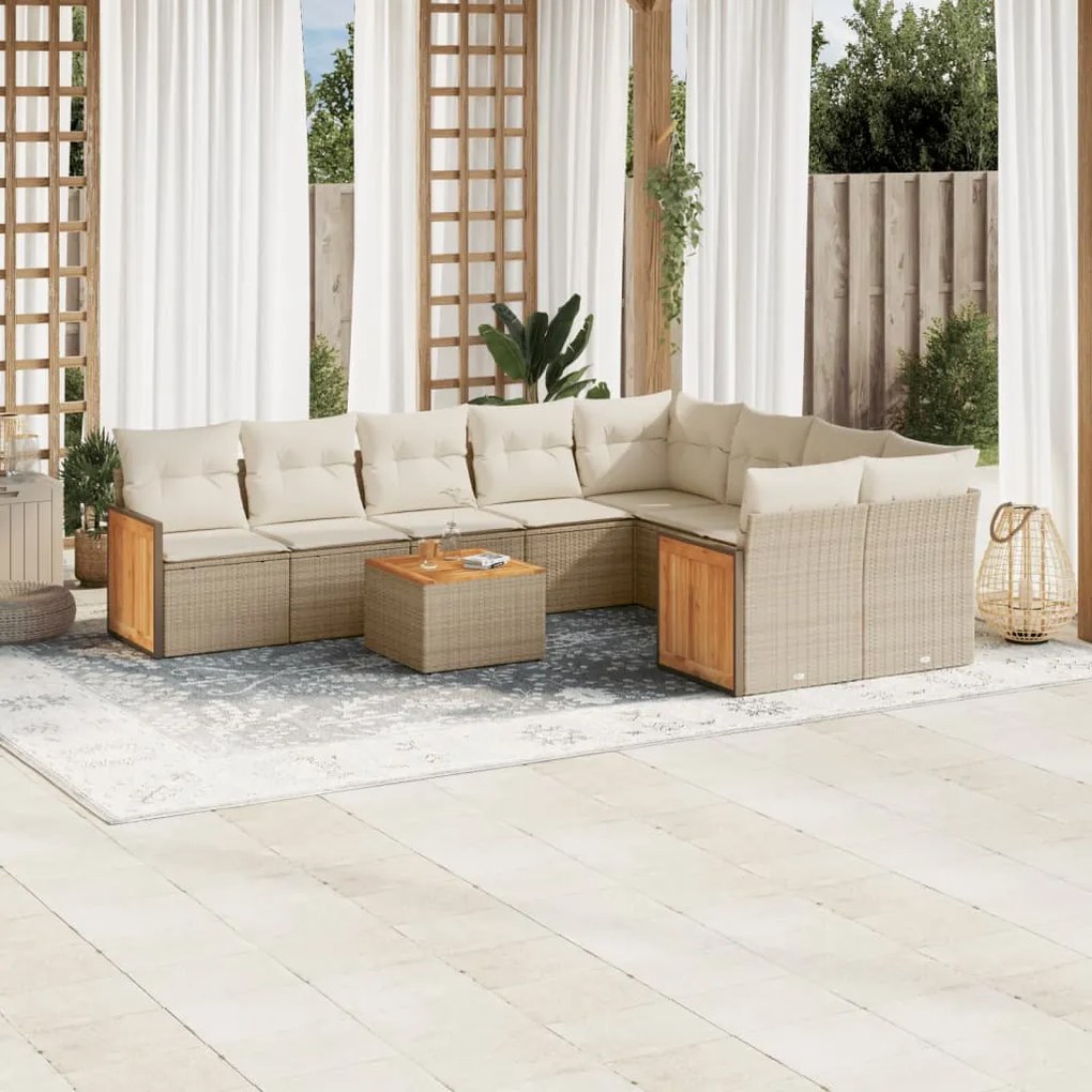 Set Divano da Giardino 10 pz con Cuscini Beige in Polyrattan