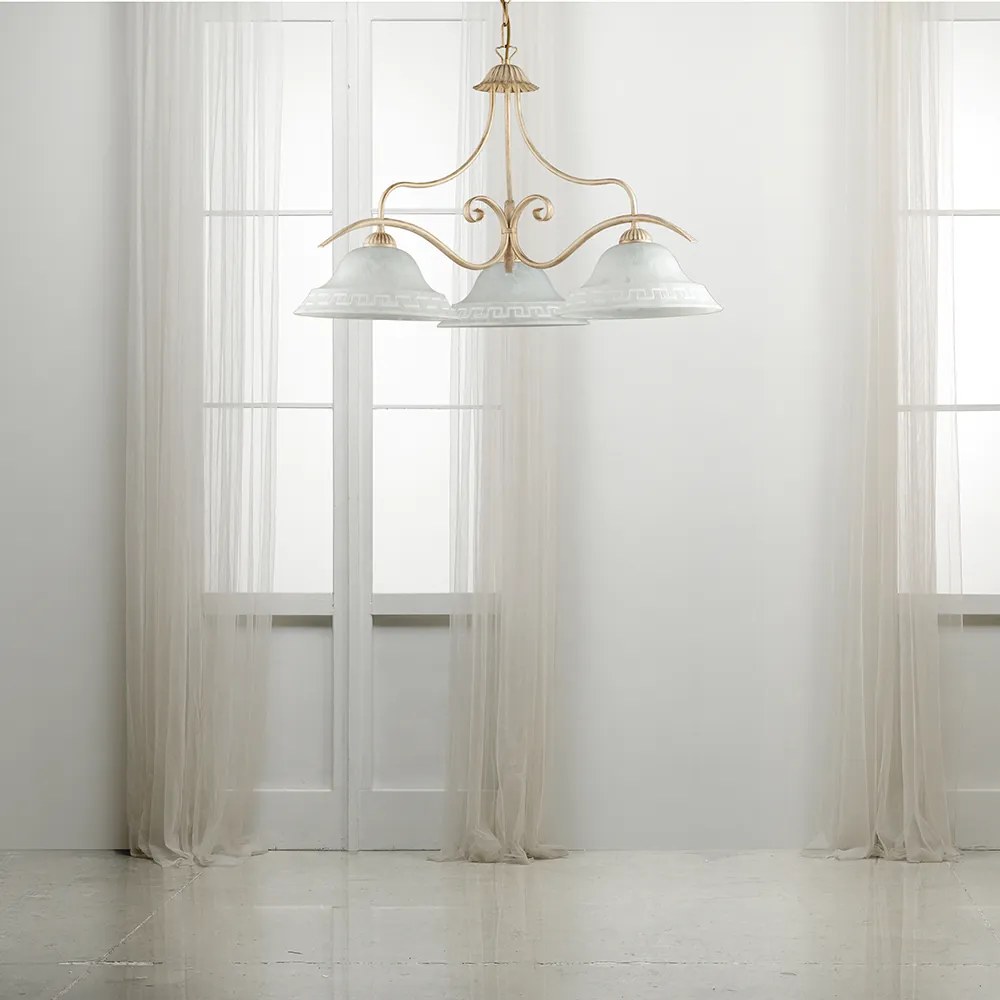 Lampadario Country Chic 3 Luci Ferro Battuto e Vetro Avorio e Oro Serie Atene