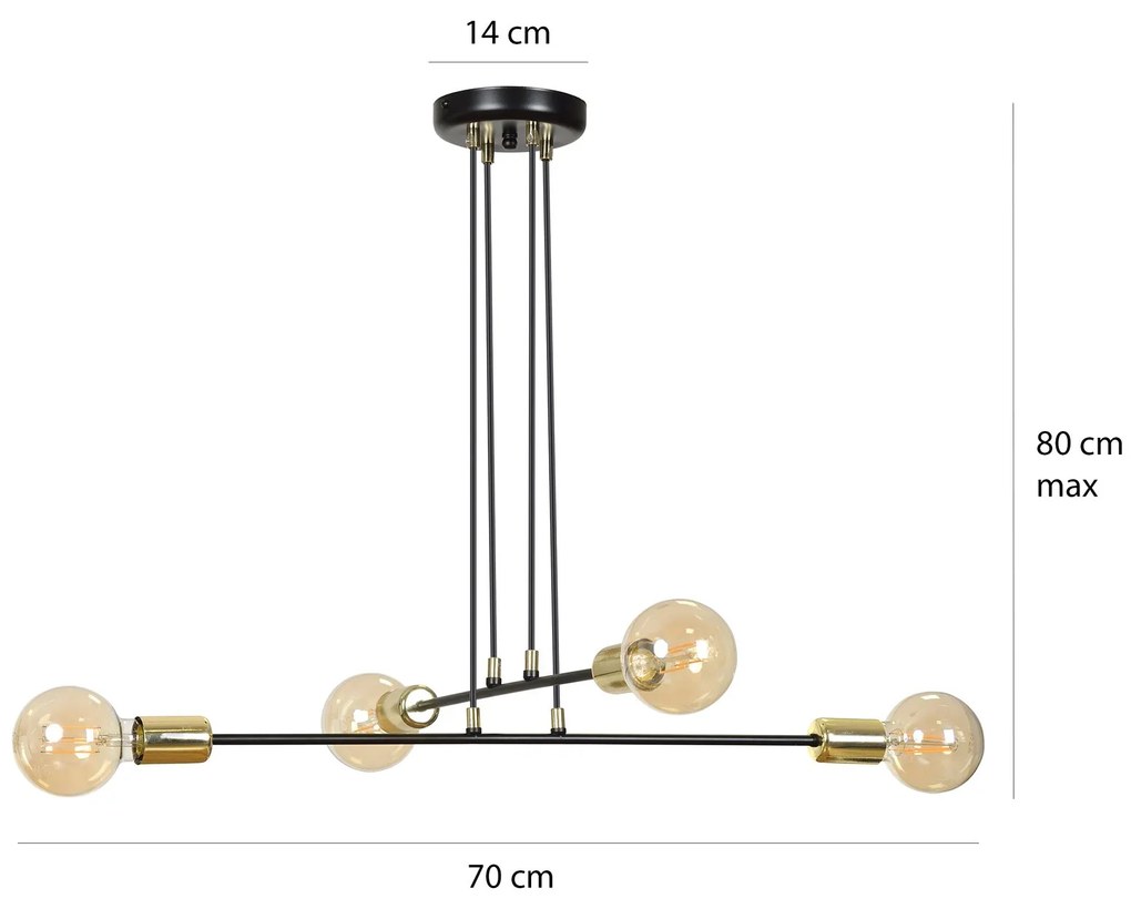 Lampadario Industrial 4 Luci Vesio A Bracci In Acciaio Nero E Oro