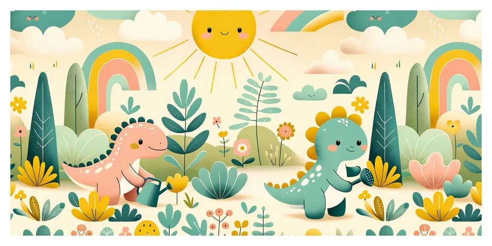 Quadro su tela – Amici dinosauri in giardino colorato