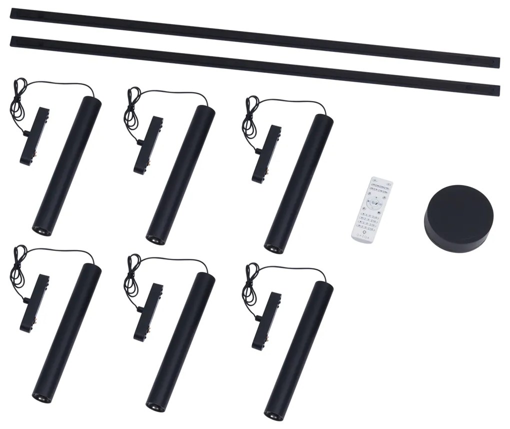 Sistema di illuminazione su binario moderno con 6 faretti a sospensione neri monofase - Magnetic Cassie