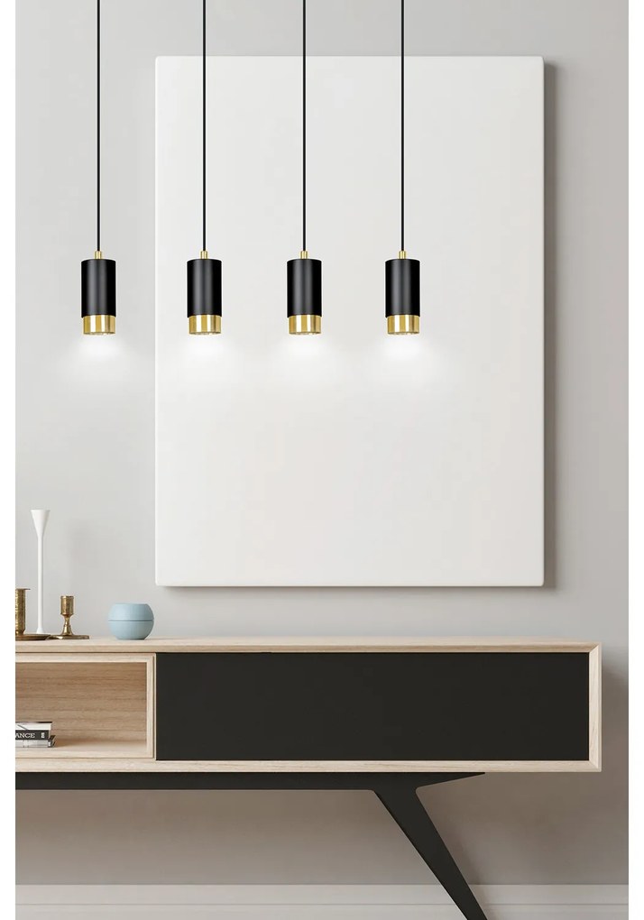 Lampadario 4 Luci Ivar Con Cilindri In Acciaio Nero E Oro