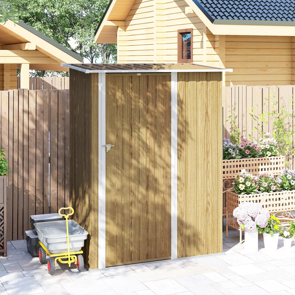 Capanno Porta Attrezzi 142x86x189 cm con Tetto Inclinato e Porta Bloccabile in Metallo color Legno...