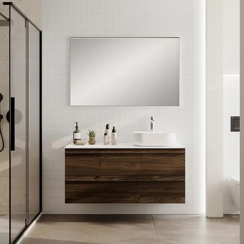 Mobile Linea L120 H55 P45 in laminato rovere cotto 2 cassetti a chiusura ammortizzata e top gres calacatta