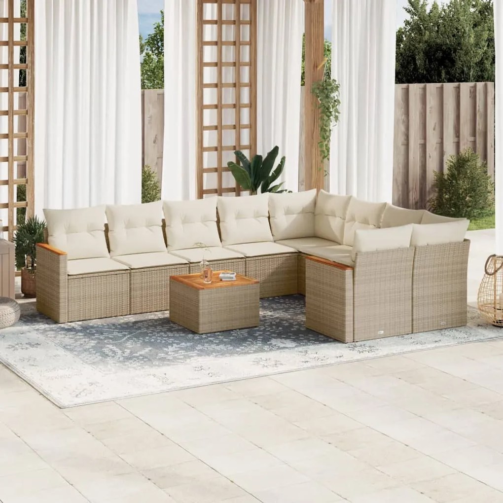 Set divano da giardino 10 pz con cuscini beige in polyrattan