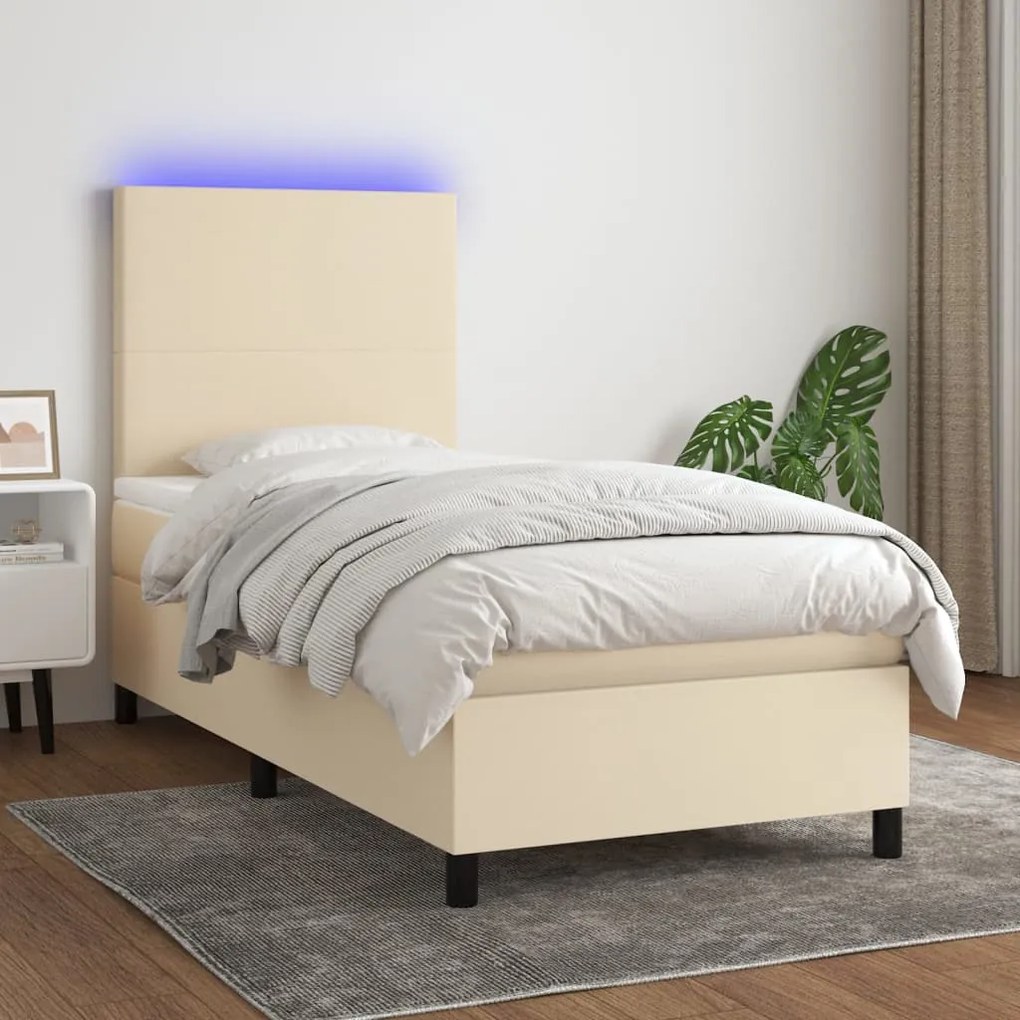 Letto a molle con materasso e led crema 80x200 cm in tessuto