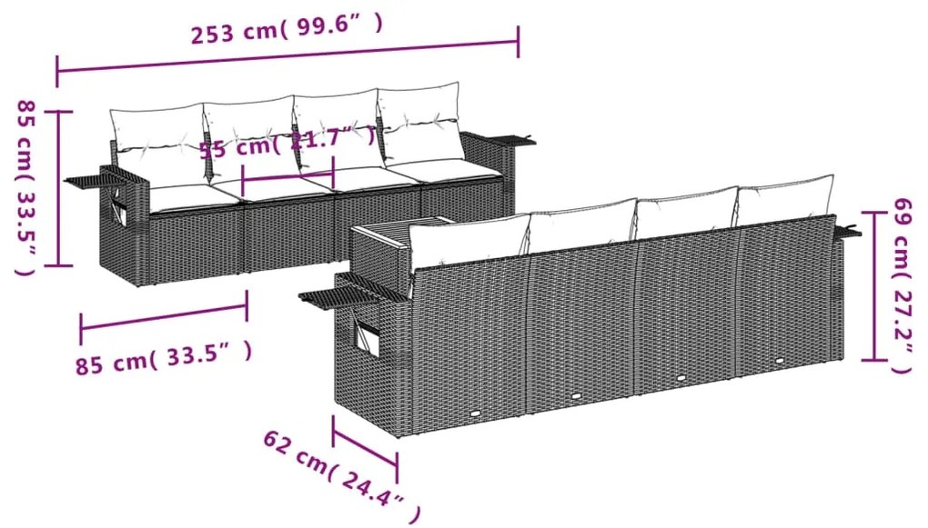 Set divano da giardino 9 pz con cuscini grigio in polyrattan