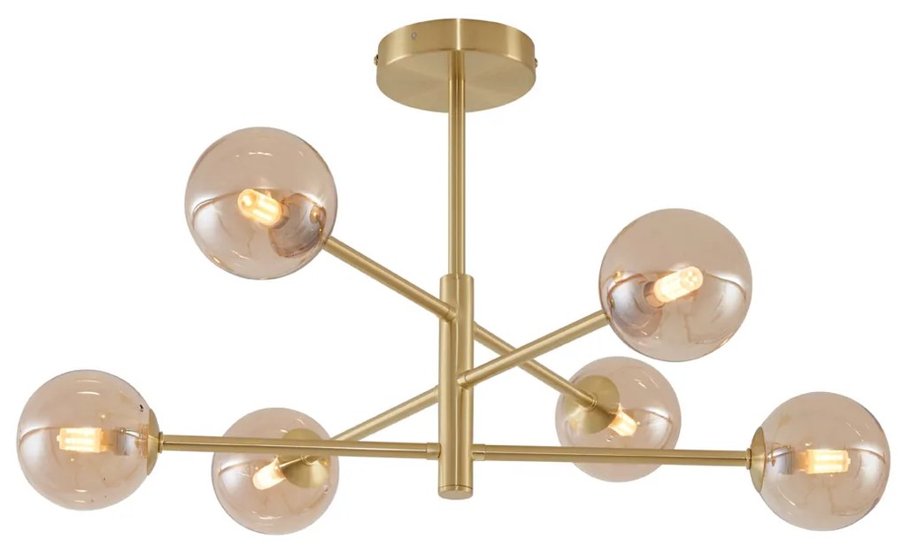 Plafoniera moderna ottone con vetro ambrato 6 luci - Ryan