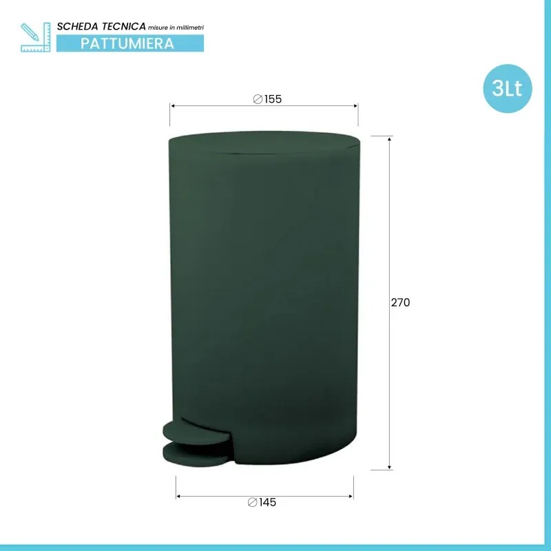 Pattumiera bagno 3 Lt verde scuro con apertura a pedale Orbix