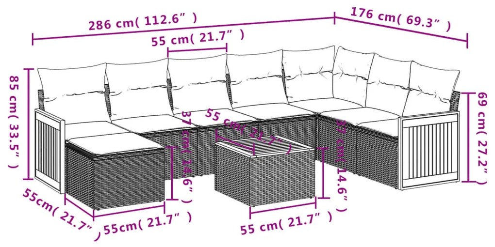 Set divano da giardino 9 pz con cuscini beige in polyrattan