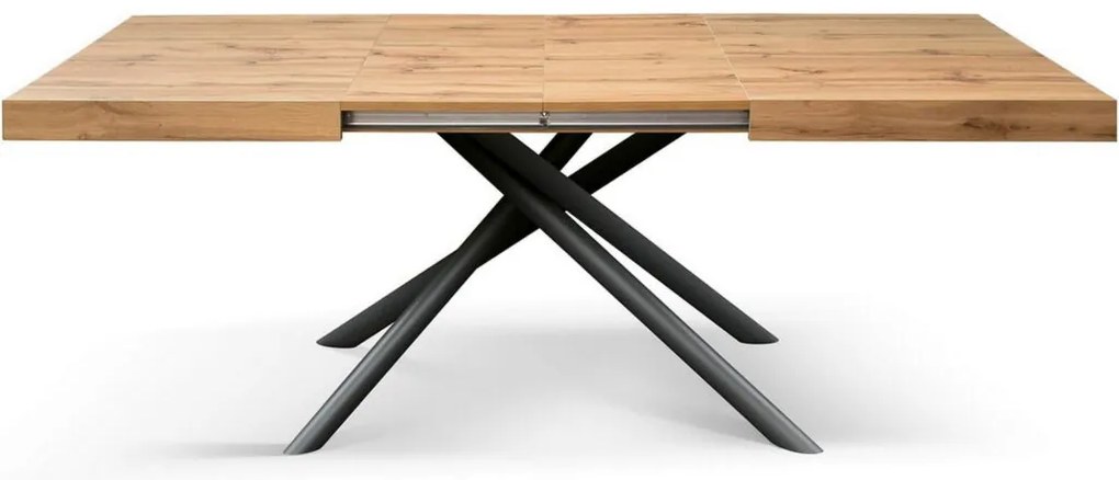 Tavolo CARRARA in legno, finitura rovere rustico e base in metallo antracite, allungabile 160×90 cm – 240×90 cm