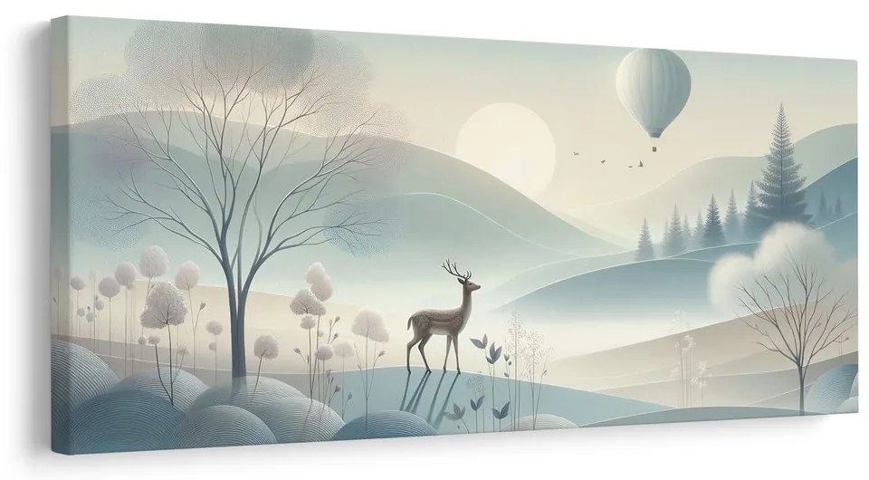 Quadro su tela – Paesaggio boschivo con cervo e montagne