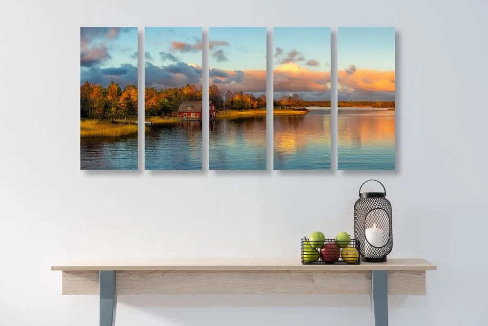 Quadri 5 pezzi – Tramonto sul lago