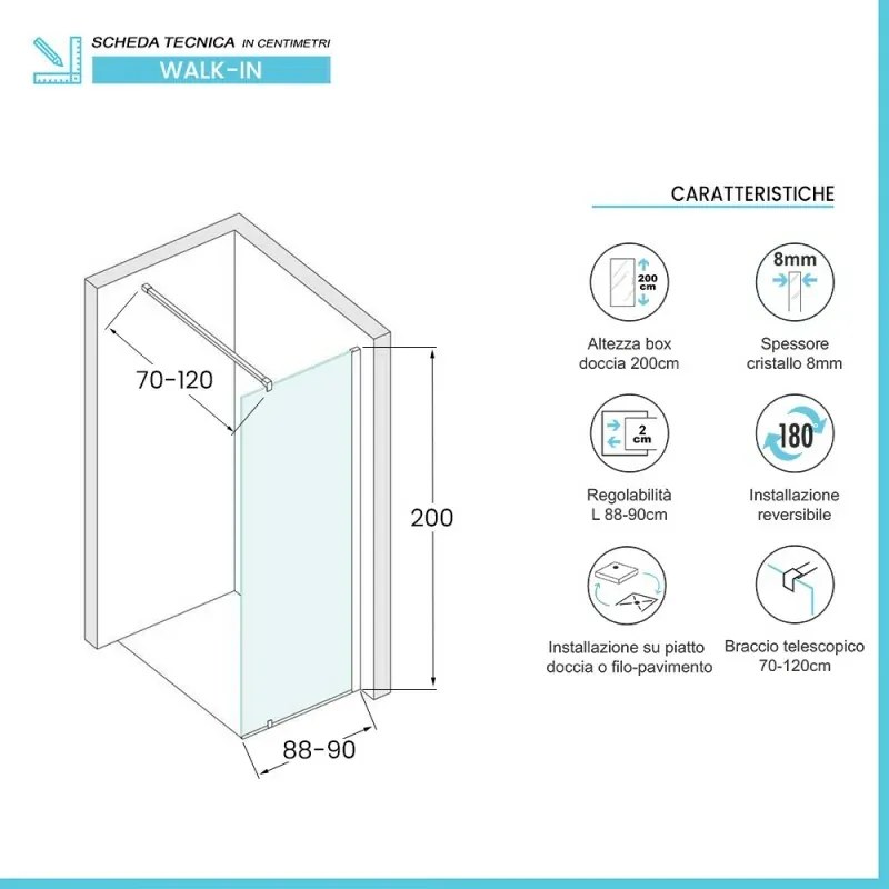 Doccia Walk-In 90 cm trasparente 8 mm profilo cromo H 200 cm Tay