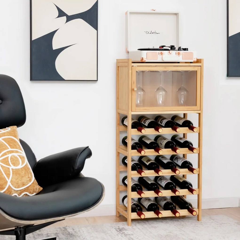Costway Scaffale di bambù per 20 bottiglie di vino, Espositore vino con porta bicchieri ante magnetiche trasparenti
