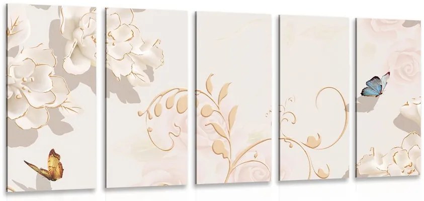 Quadri 5 pezzi – Natura morta vintage con farfalla