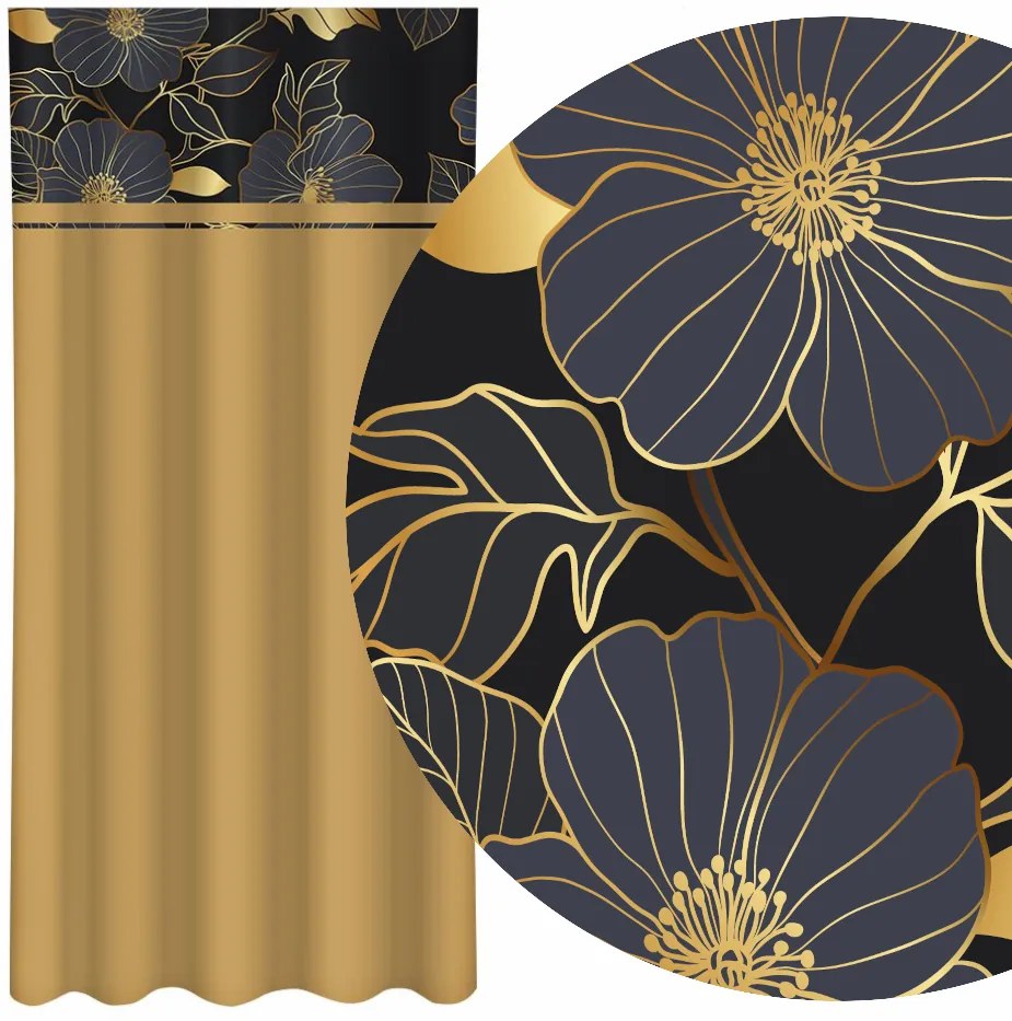 Tenda classica marrone caramello con stampa di fiori dorati Larghezza: 160 cm | Lunghezza: 270 cm