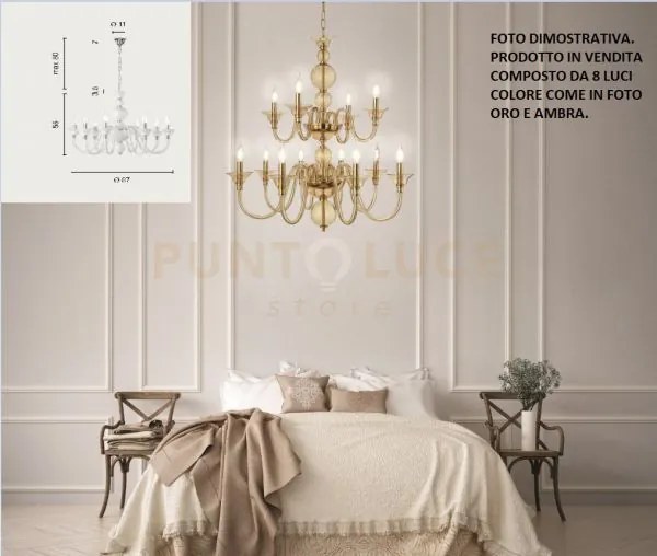 Lampadario tebe 8 luci ambra e oro attacco e14 d.87cm