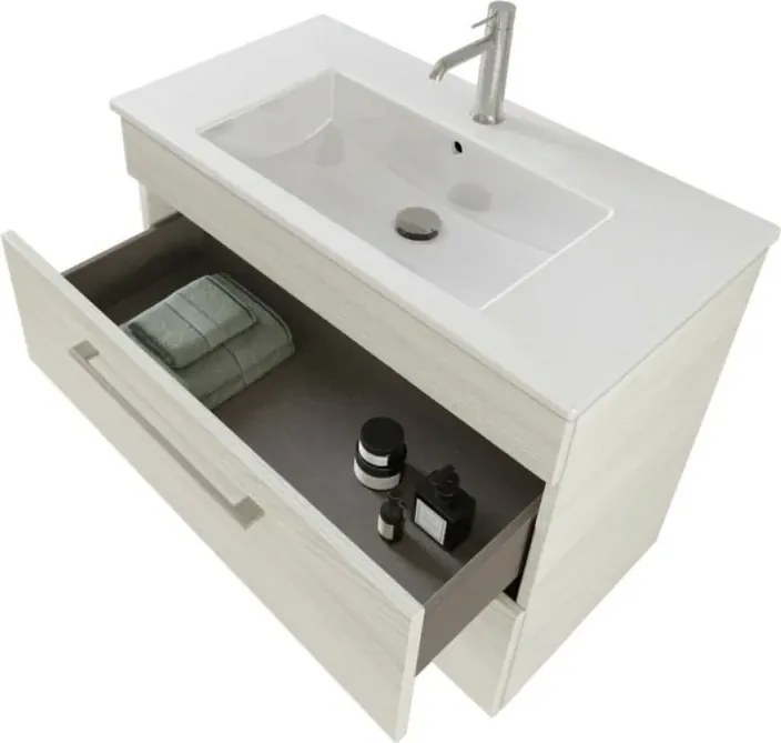 Mobile bagno sospeso 80 cm bianco legno con specchio contenitore Smart