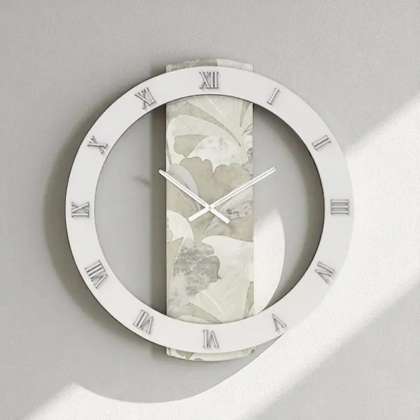 Orologio LARRY rotondo D60 cm in legno rivestito con parato e dettagli Argento
