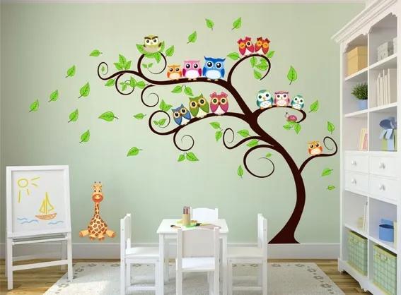 Bellissimo adesivo da parete per bambini con disegno di gufi su un albero 120 x 240 cm