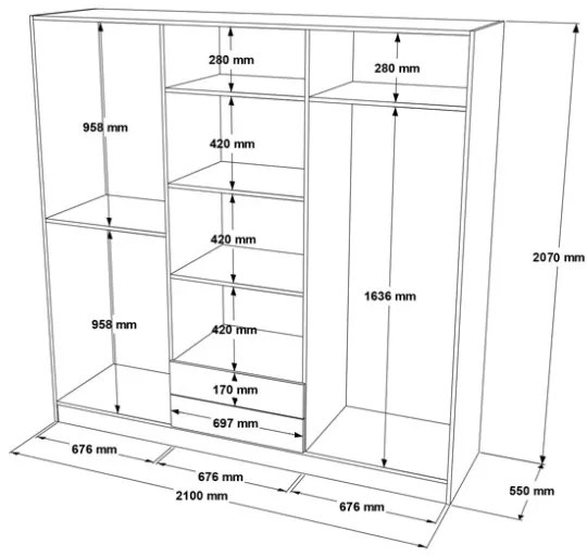 Armadio Guardaroba 6 Ante 2 Cassetti 210x55x207 Duke Rovere Effetto Legno