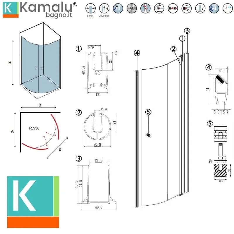 Kamalu - box doccia semicircolare 80x80 battenti con apertura totale | ks800k