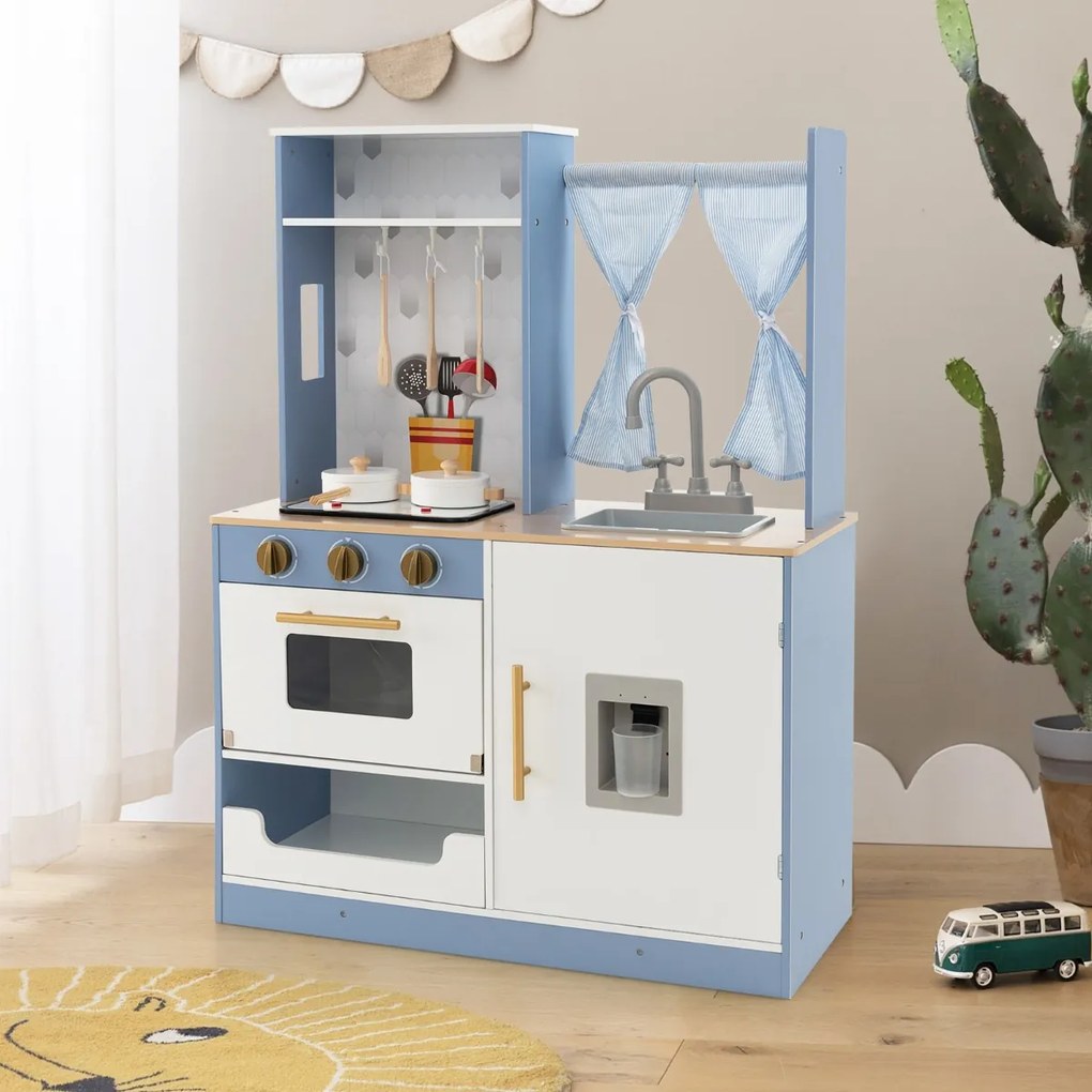 Costway Cucina giocattolo per bambini con tende fornelli lavandino e distributore d'acqua, Set da cucina giocattolo Blu e bianco