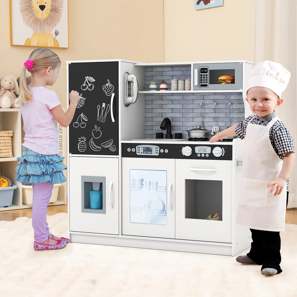 Costway Cucina da gioco finta set per bambini con lavagna telefono microonde, Cucina da gioco finta fabbricatore di ghiaccio divertente 2 Colori