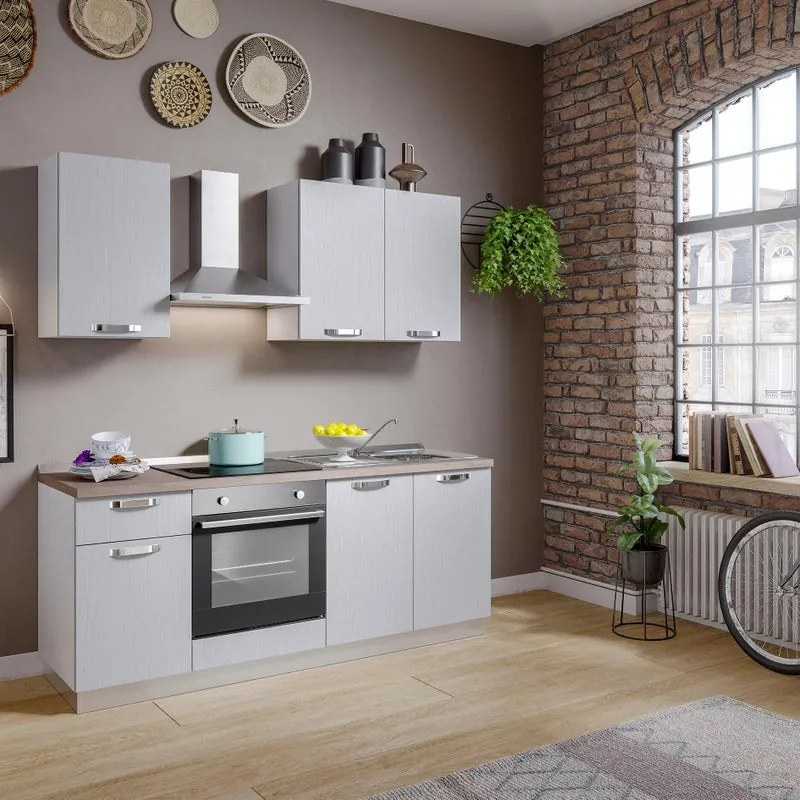 Cucina montata Dora bianco spatolato, lavello a destra, L 195 cm, completa di: cappa a camino, piano cottura a induzione, forno