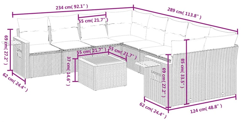 Set Divano da Giardino 9 pz con Cuscini Grigio in Polyrattan