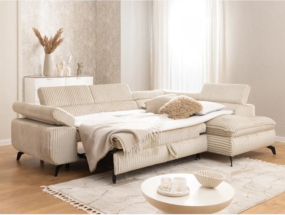 Divano angolare beige (con penisola a destra/a L) con rivestimento in velluto a coste Marbeya – Ropez