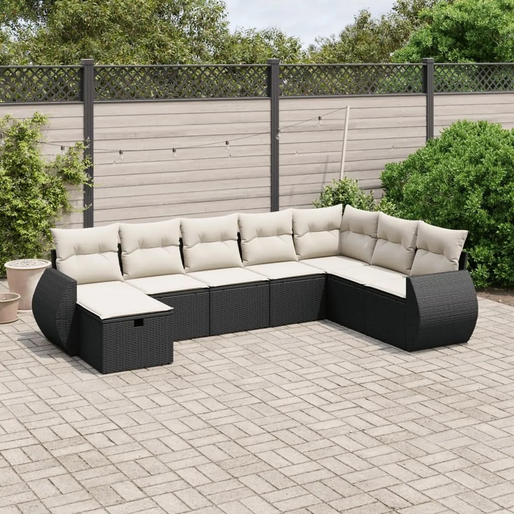 Set divani da giardino con cuscini 8 pz nero in polyrattan