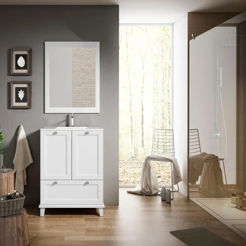 Mobile bagno da terra con lavabo L 60 cm neve, 2 ante per vasca centrale Unike