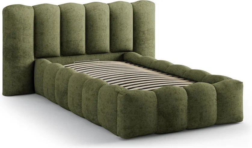 Letto singolo imbottito verde con contenitore con rete inclusa 90x200 cm Lupine – Micadoni