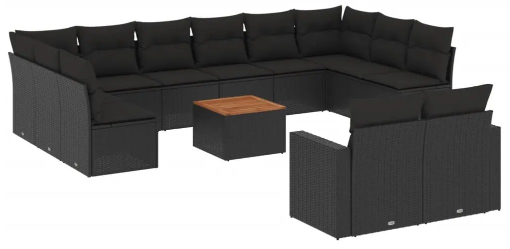 Set divani da giardino 13pz con cuscini nero in polyrattan